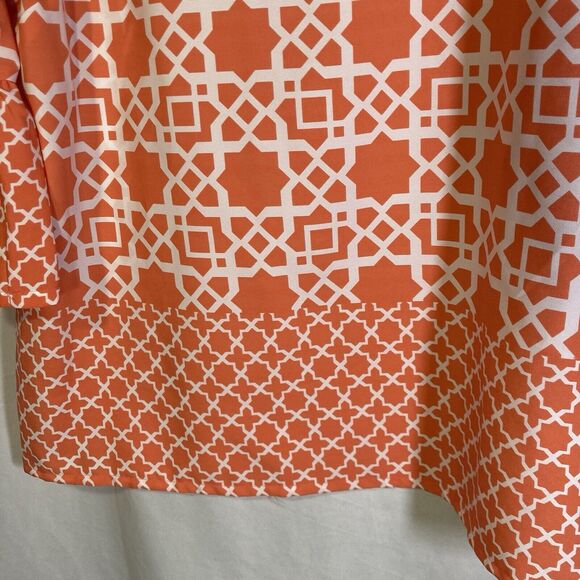 RUBY RD orange white geometric 3/4 flared sleeve woven keyhole top 12 - Picture 4 of 7